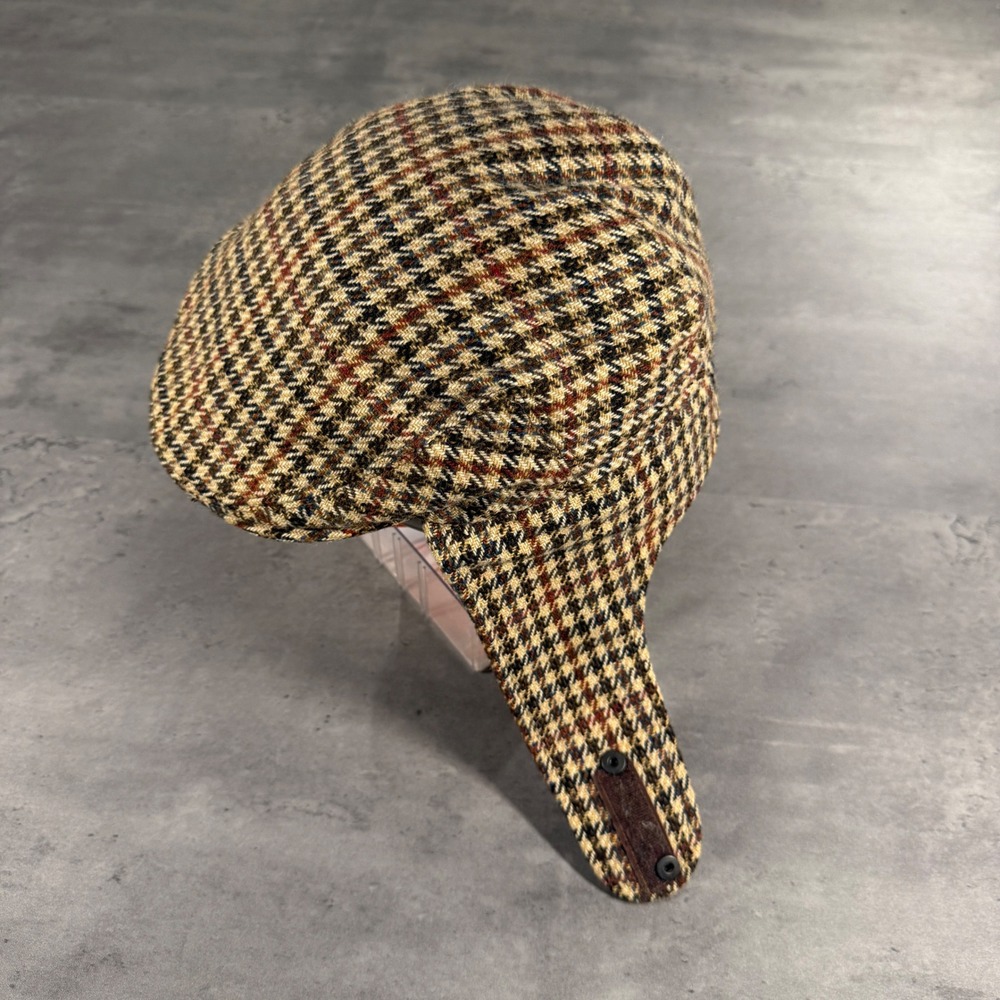 Carriglen Bugatti Flat Cap Mens Brown Houndstooth Wool Blend Ear Flaps England